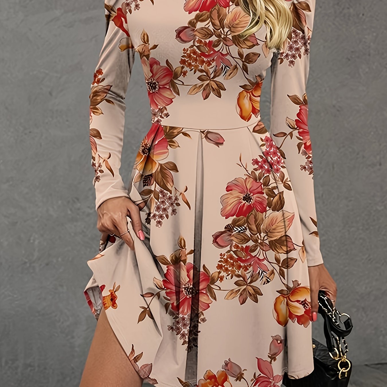  Casual Dress Women's Plus Floral Print Long Sleeve Round Neck