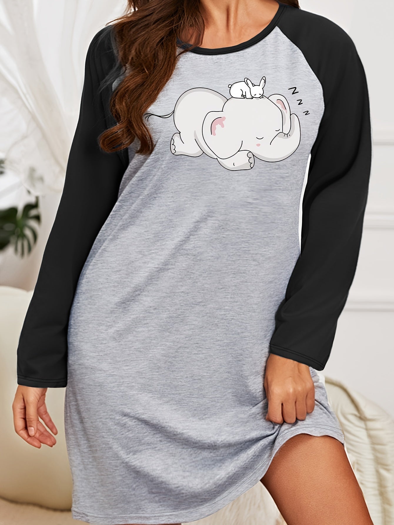  Nightdress Elephant & Mouse Print Raglan Sleeve Tee Sleep Dress
