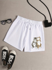 Women's Plus Cats Print Drawstring Elastic Waist Shorts