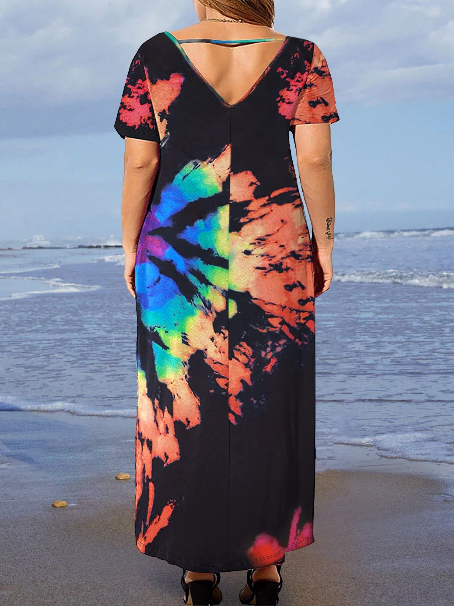 Women's Plus Tie Dye Short Sleeve V Neck Maxi Dress With Pockets
