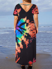 Women's Plus Tie Dye Short Sleeve V Neck Maxi Dress With Pockets