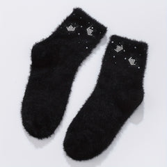 Crown Rhinestone Socks Comfy Warm Fuzzy Women's Stockings