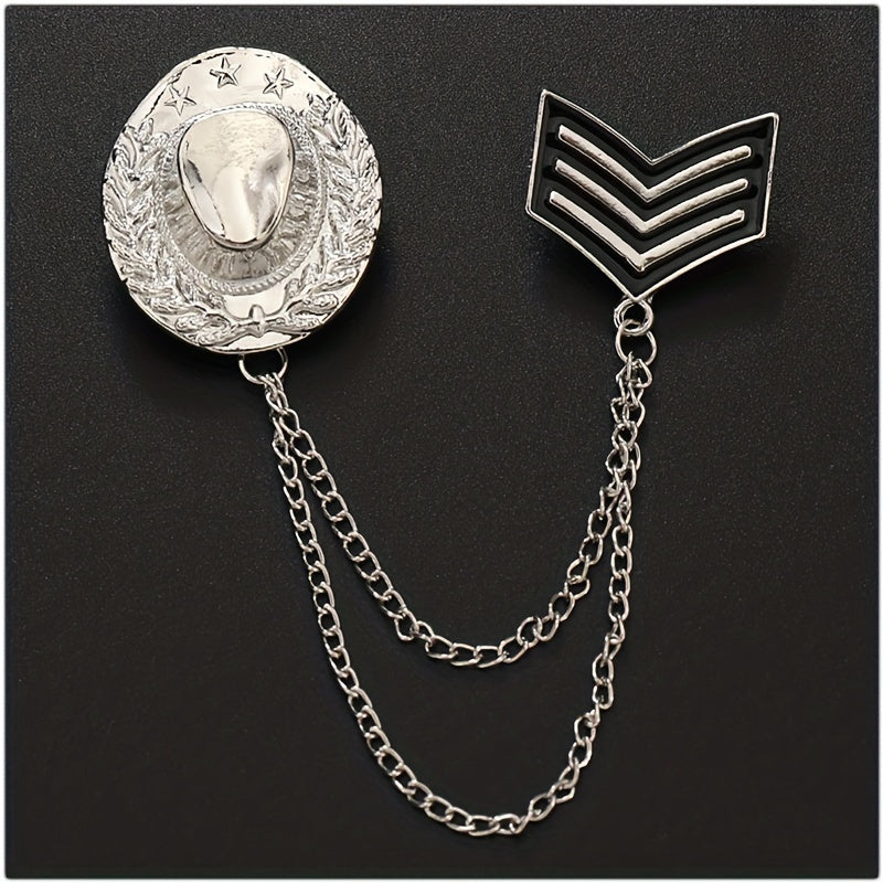 Double Layer Tassel Chain Brooch Western Cowboy Hat Shape Corsage Suit Accessori