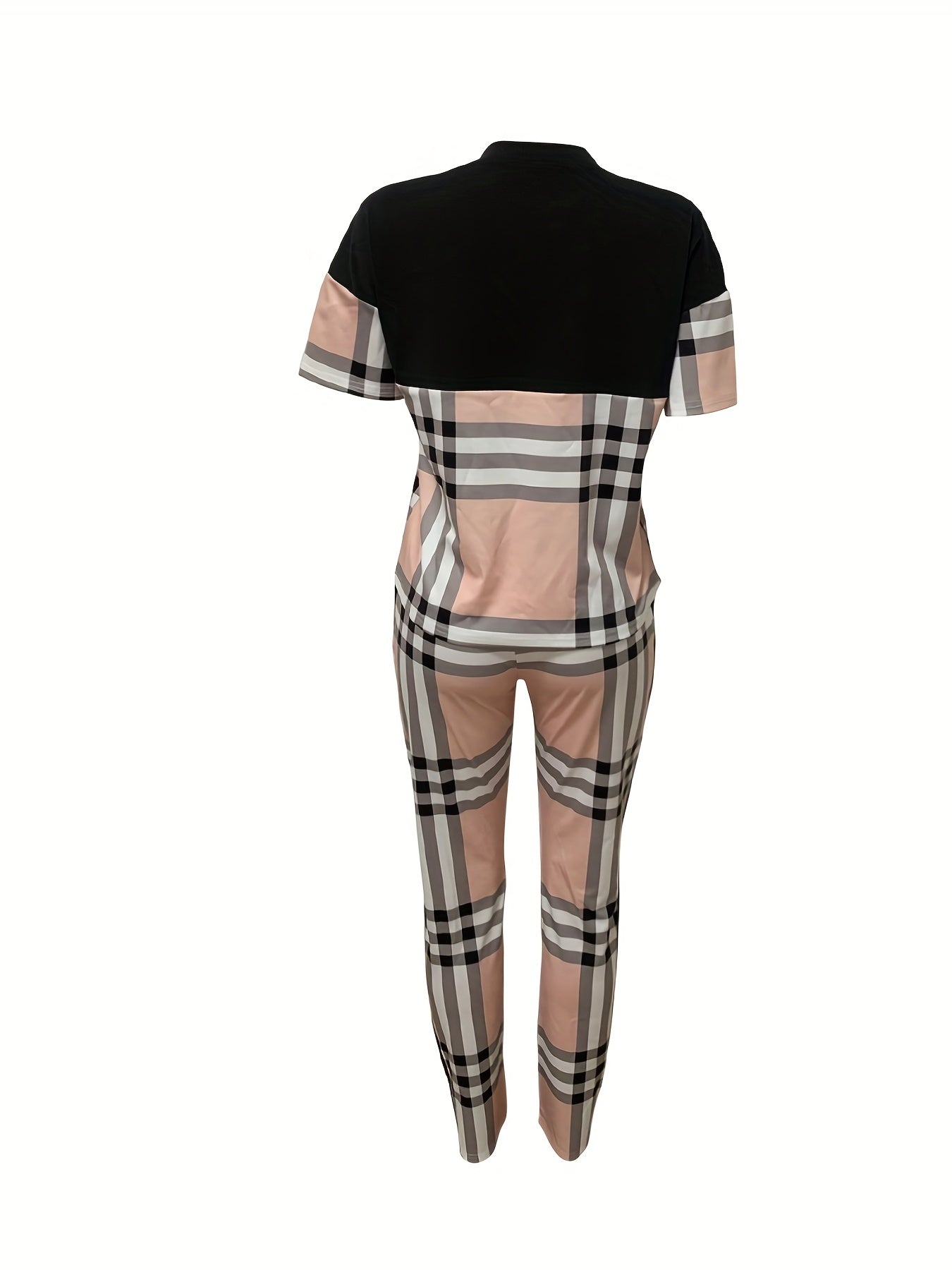 Casual Plaid 2pc Set Short Sleeve T shirt & High Waist Pants Outfit