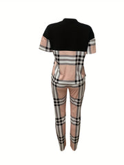 Casual Plaid 2pc Set Short Sleeve T shirt & High Waist Pants Outfit