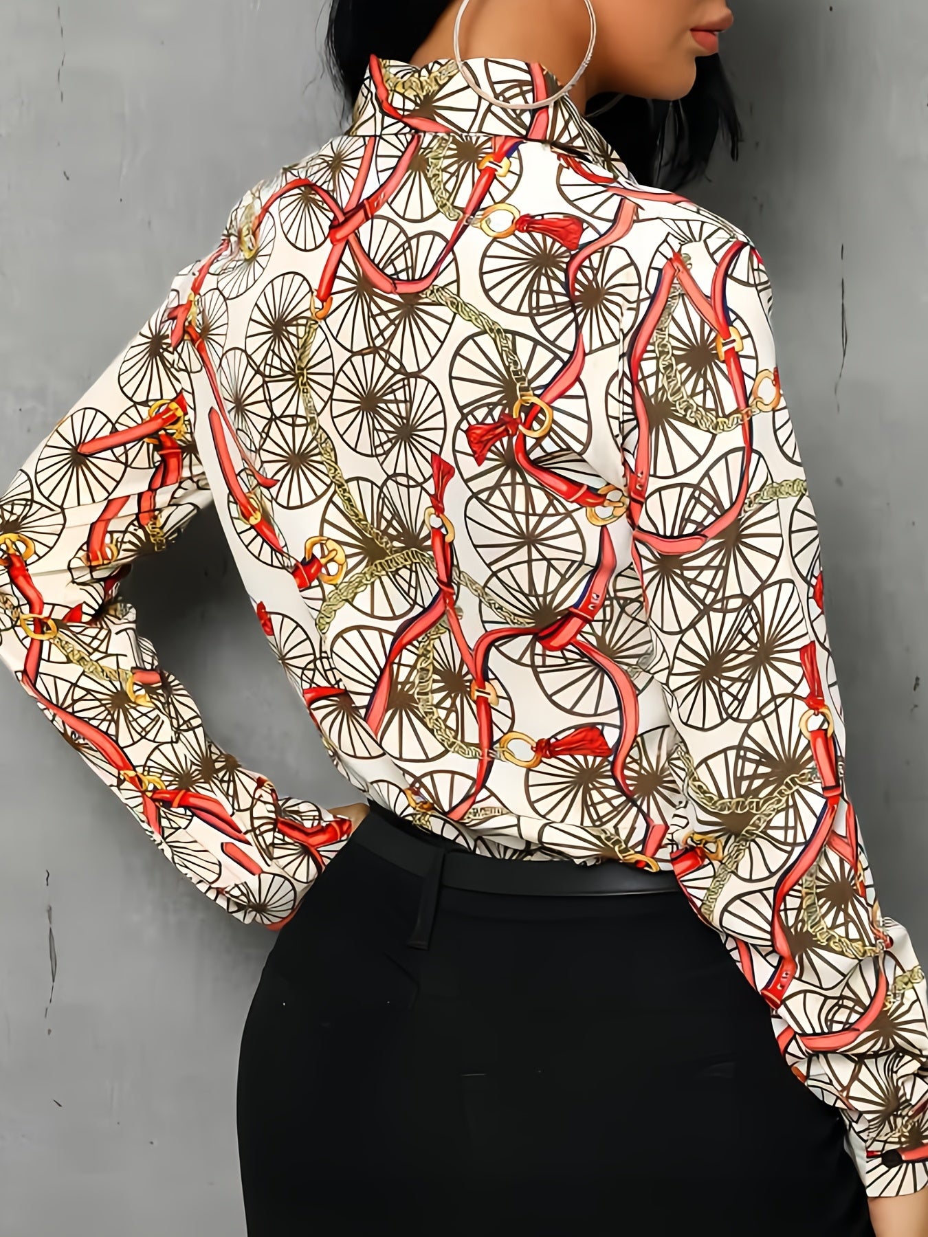  Chain Print Button Up Long Sleeve Blouse