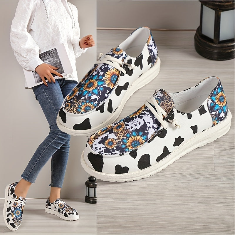 Sunflower & Cow Print Canvas Shoes Low Top Sneakers