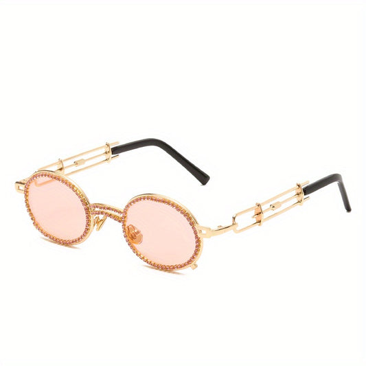 Y2K Tinted Metal Sunglasses Steampunk Rhinestone Hollow Glasses UV400