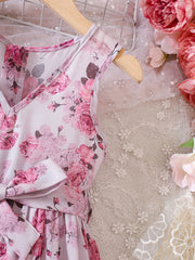 Girls V neck Flowers Graphic Belted Skirt Rompers