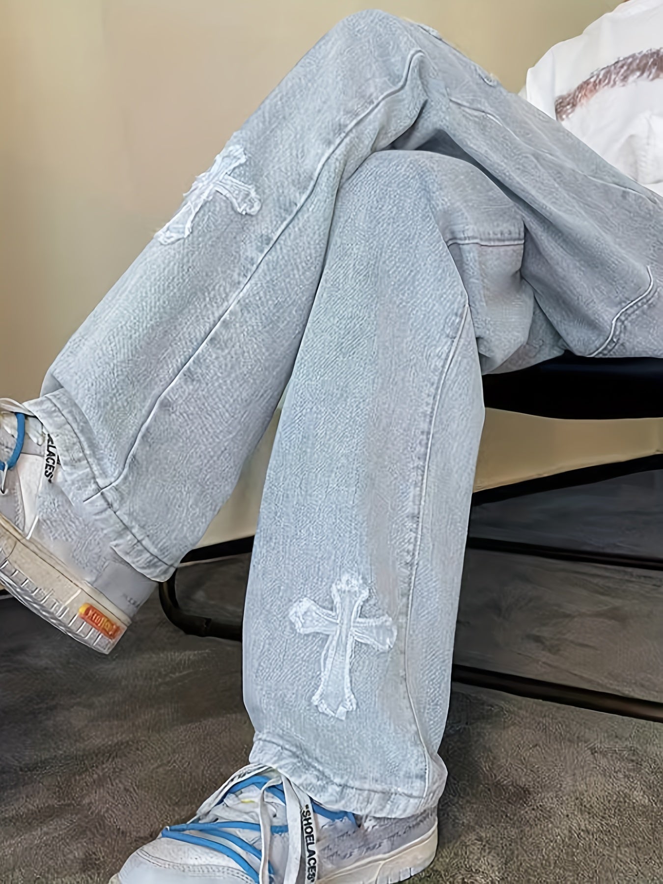 Vintage Cross Pattern Men's Distressed Jeans