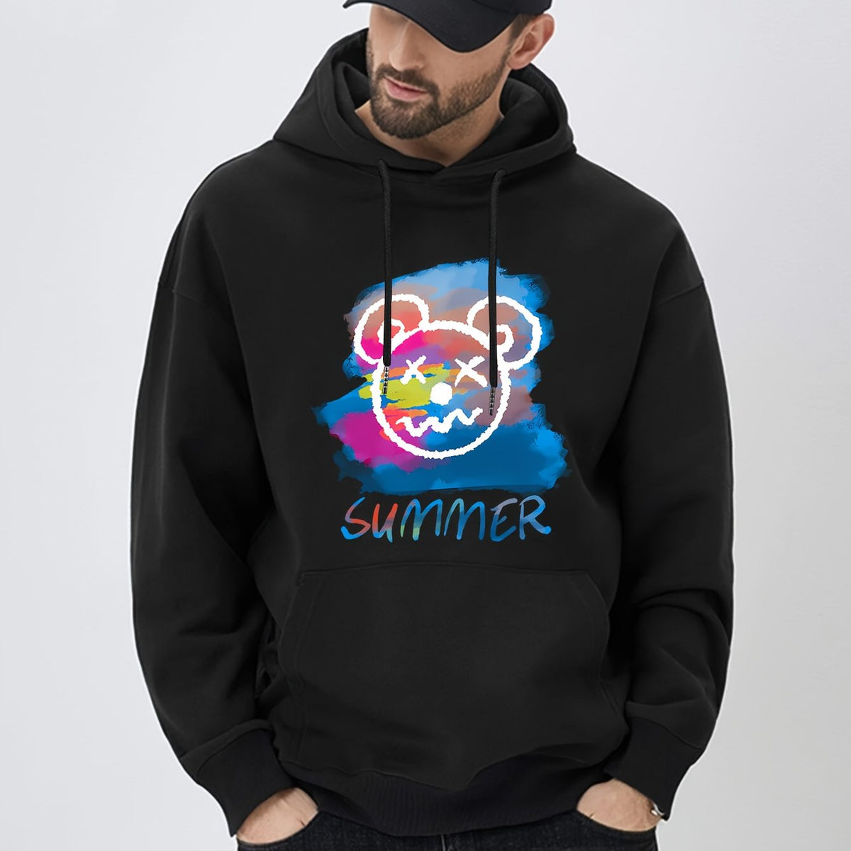 Bear Print Hoodie Men's Casual Graphic Pullover Sweatshirt
