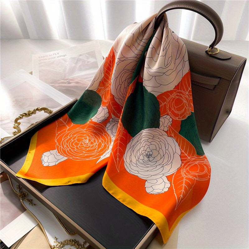 Camellia Print Satin Scarf Bandana Shawl