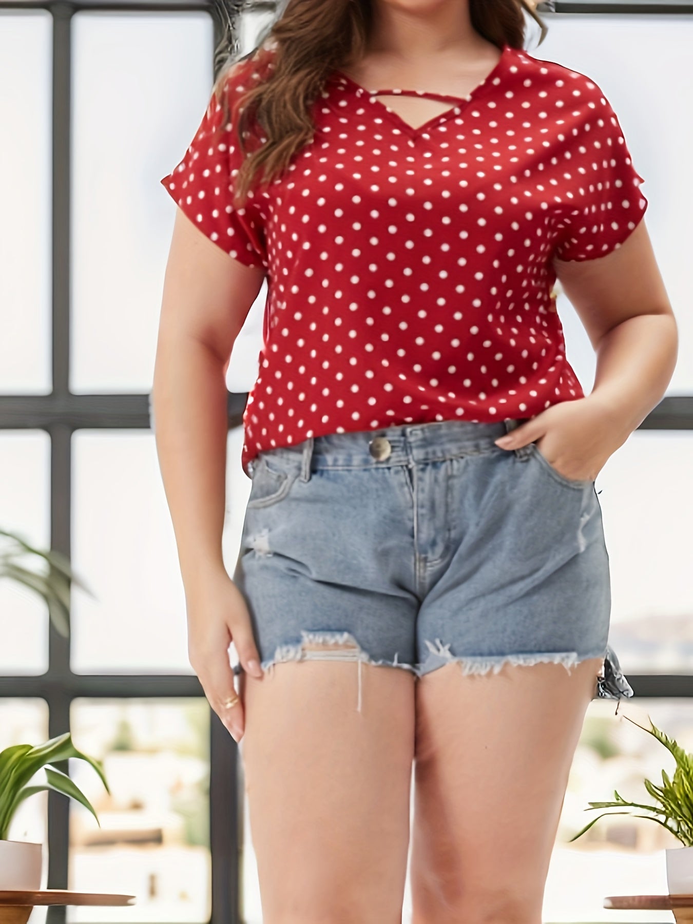  Polka Dot Print V Neck Top
