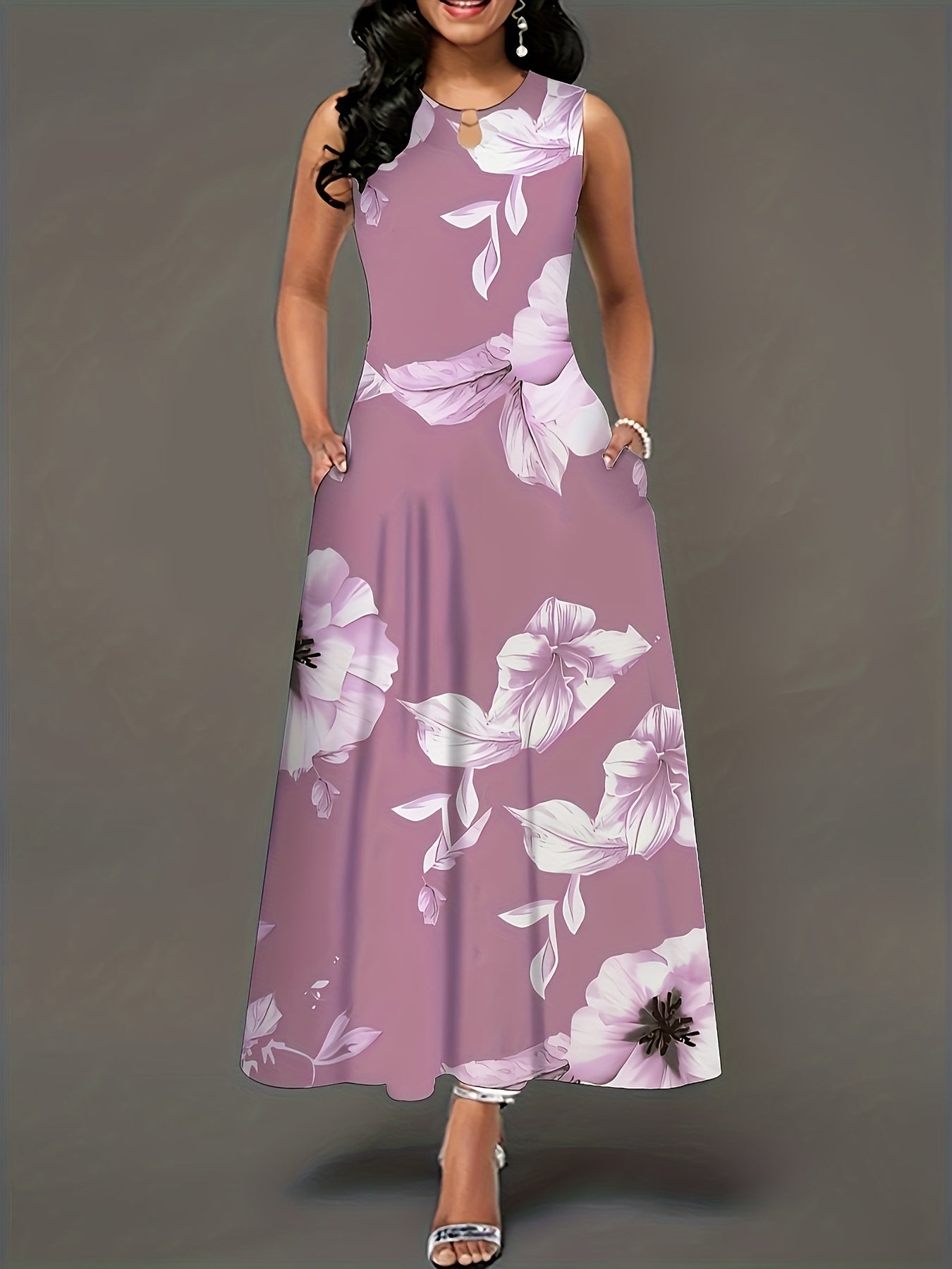  Floral Print Maxi Tank Dress With Pockets
