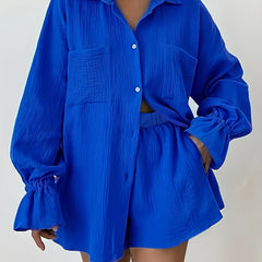  Flounce Sleeve Blouse & Shorts Set