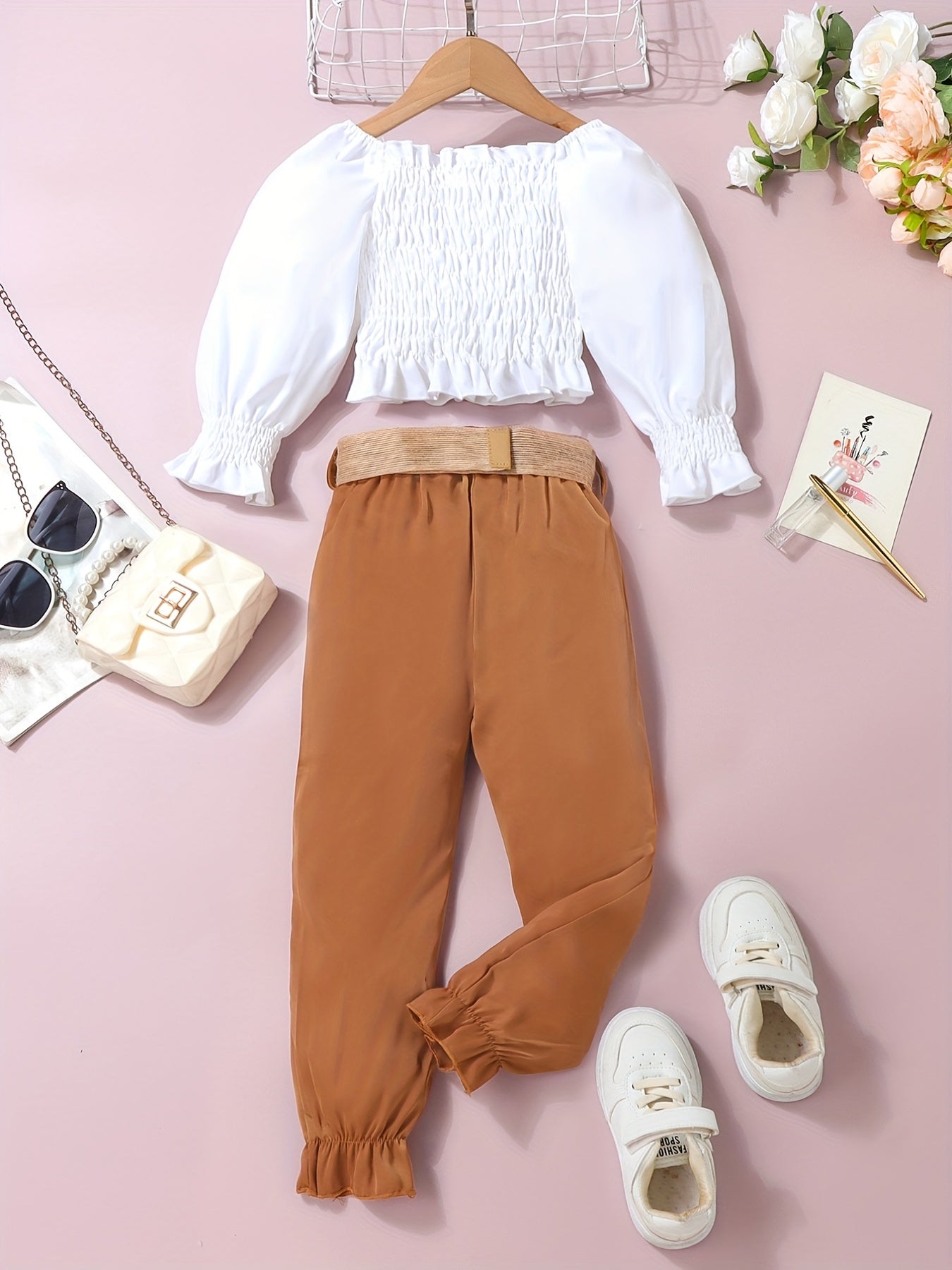 Girl's Shirred Top & Belted Pants Set for Spring Fall