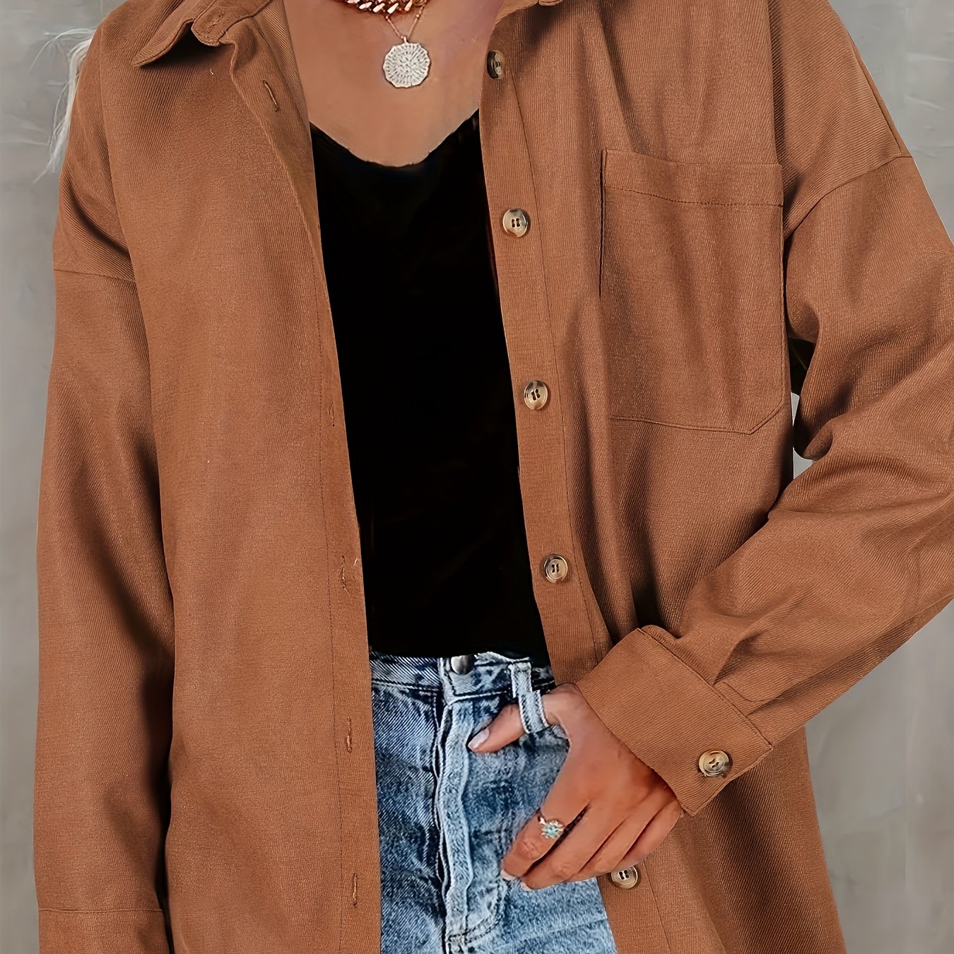  Solid Long Sleeve Button Up Collar Shirt Top With Pockets