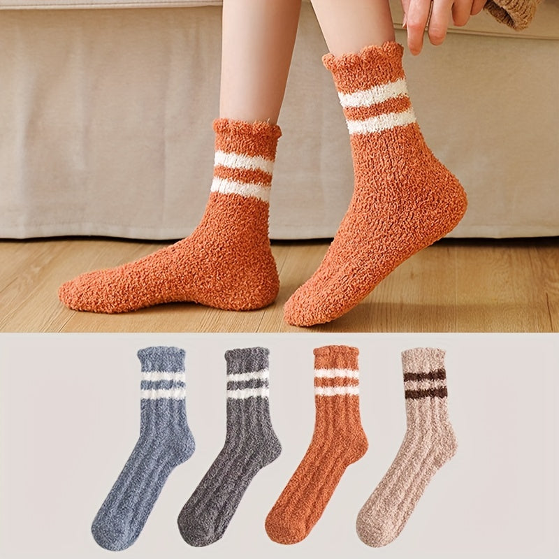 4 Pairs Striped Fuzzy Socks Warm Mid Tube Stockings Women's Hosiery