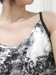Ink Painting Print Nightdress Sexy V Neck Ruffle Spaghetti Strap