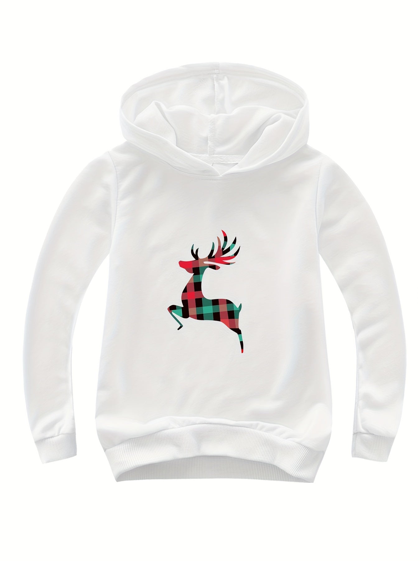 Plaid Reindeer Print Cotton Hoodie for Girls Spring Fall