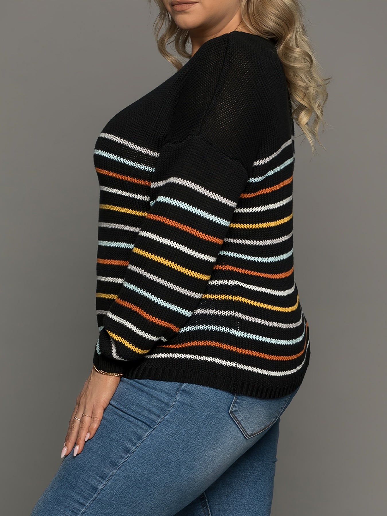  Colorful Stripe Print Long Sleeve Round Neck Pullover Sweater
