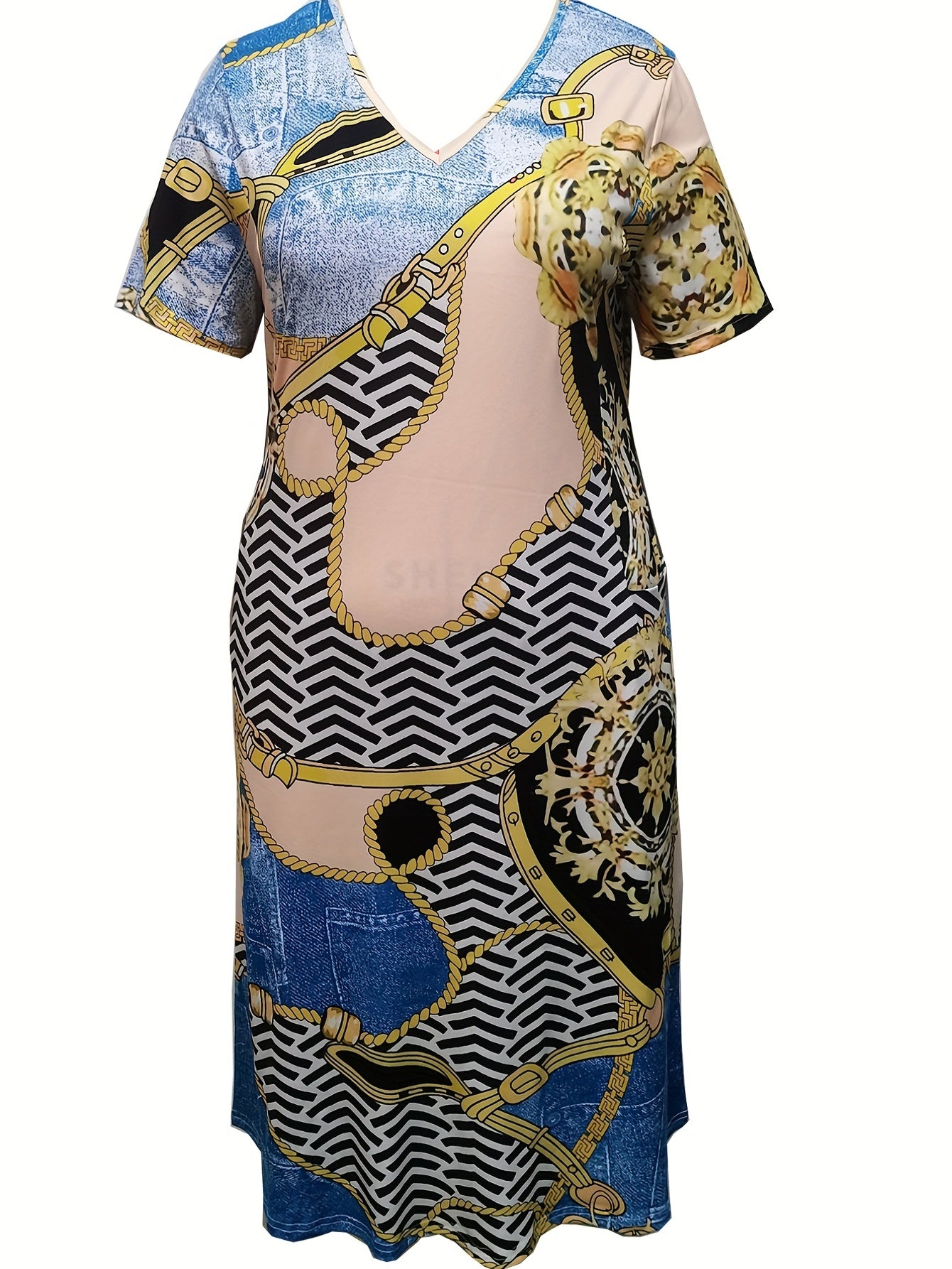 Women's Plus Baroque Print V Neck Dress with Pockets