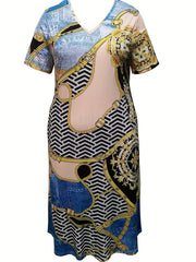 Women's Plus Baroque Print V Neck Dress with Pockets