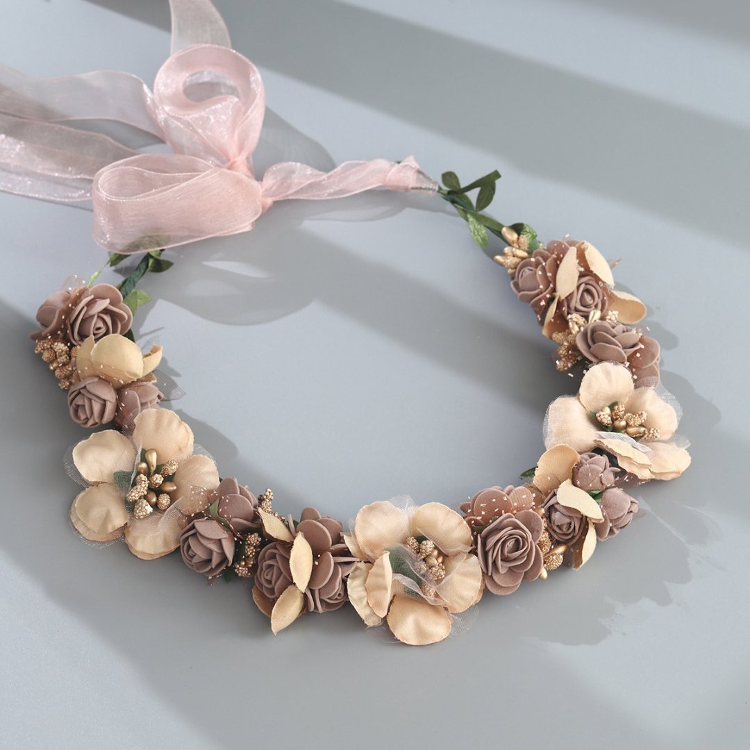MIALLO Floral Headband Soft Fabric Flower Crown with Pink & Brown Blooms