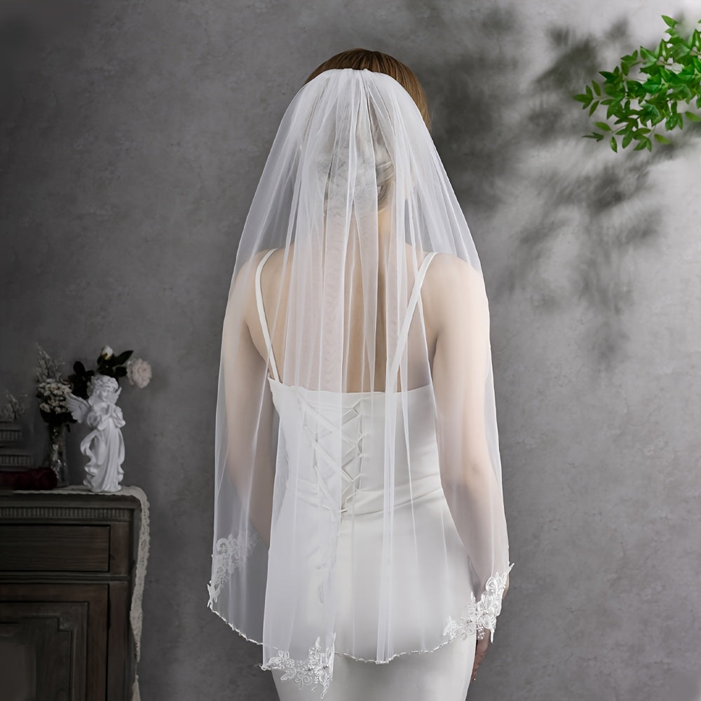Romantic Beaded Sheer Tulle Bridal Veil for Brides