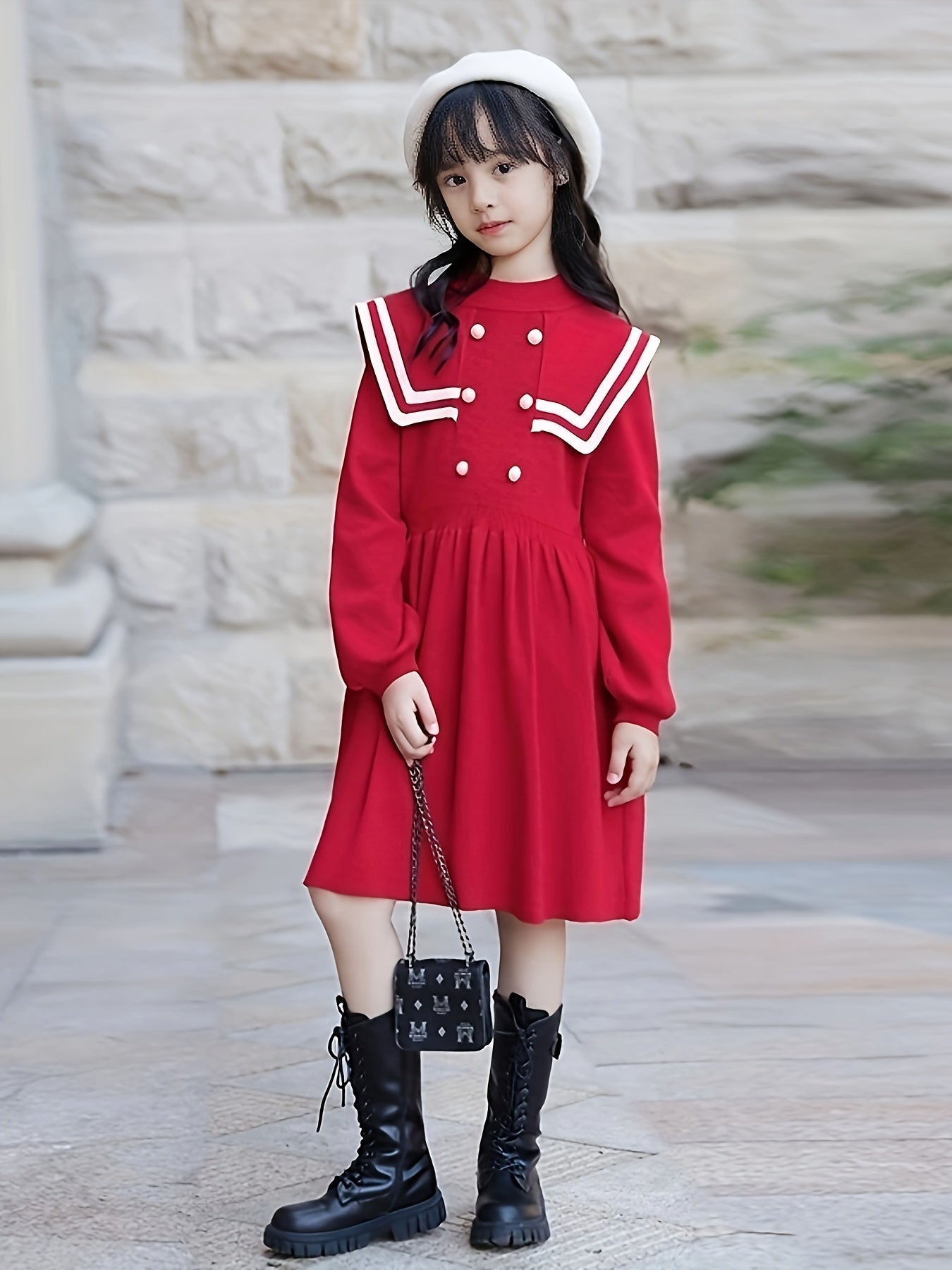 Preppy Style Girls Knit Dress Long Sleeve Comfy Knitwear