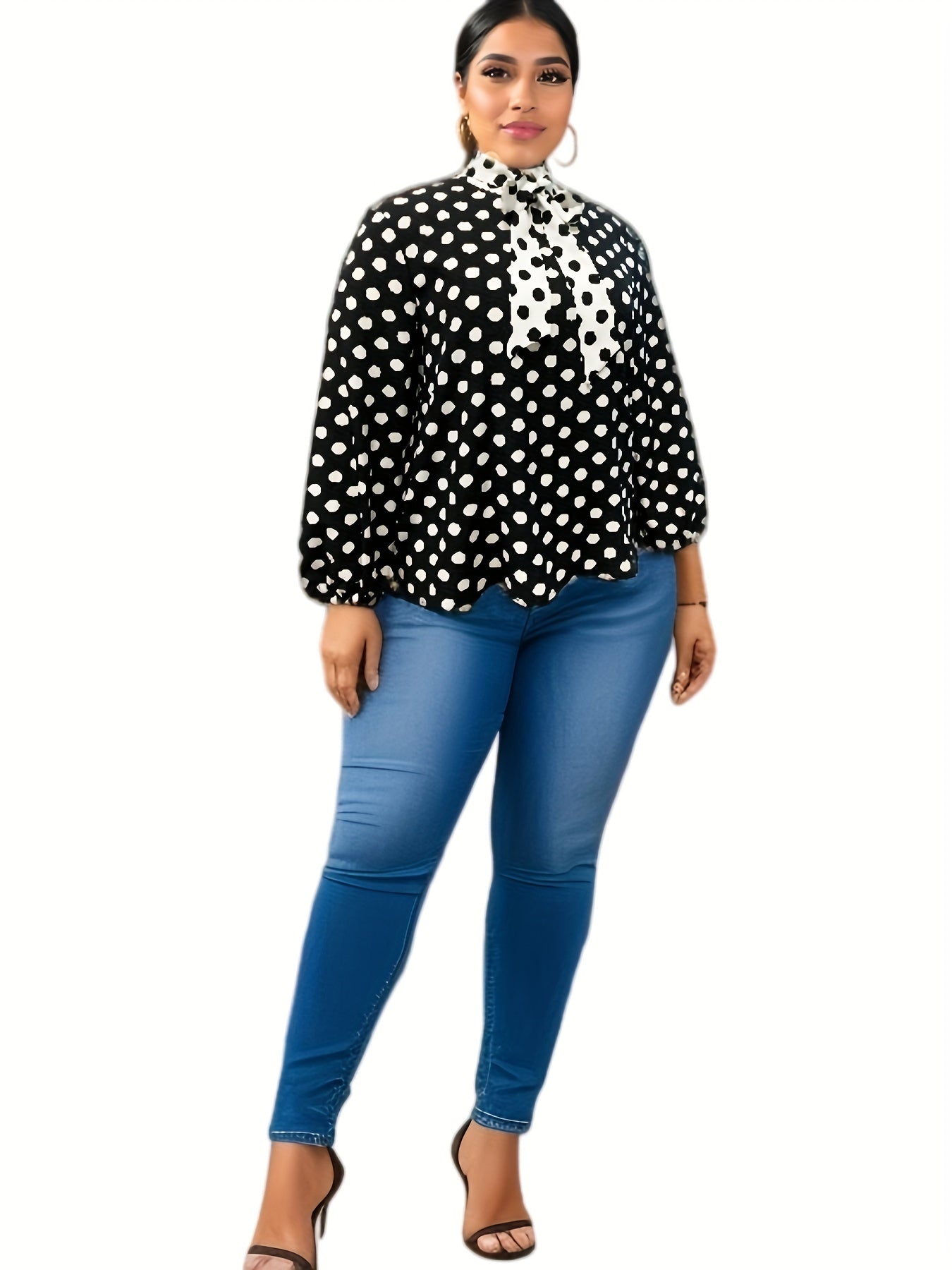  Colorblock Dot Print Lantern Sleeve Top
