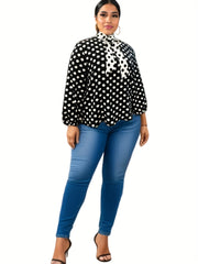  Colorblock Dot Print Lantern Sleeve Top