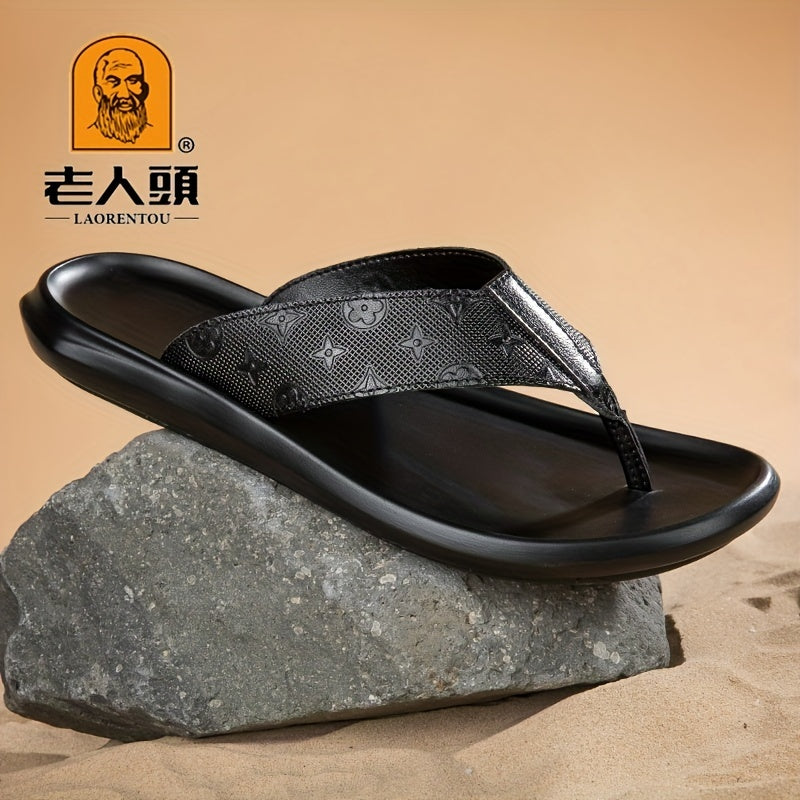 LAORENTOU Men's Leather Flip Flops with Arch Support Casual Floral Thong