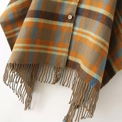 Women Plaid Scarves Wool Shawl Khaki Wool Scarf Boho Cape Winter Tassel