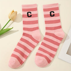 6 Pairs Striped Crew Socks College Style Women's Stockings