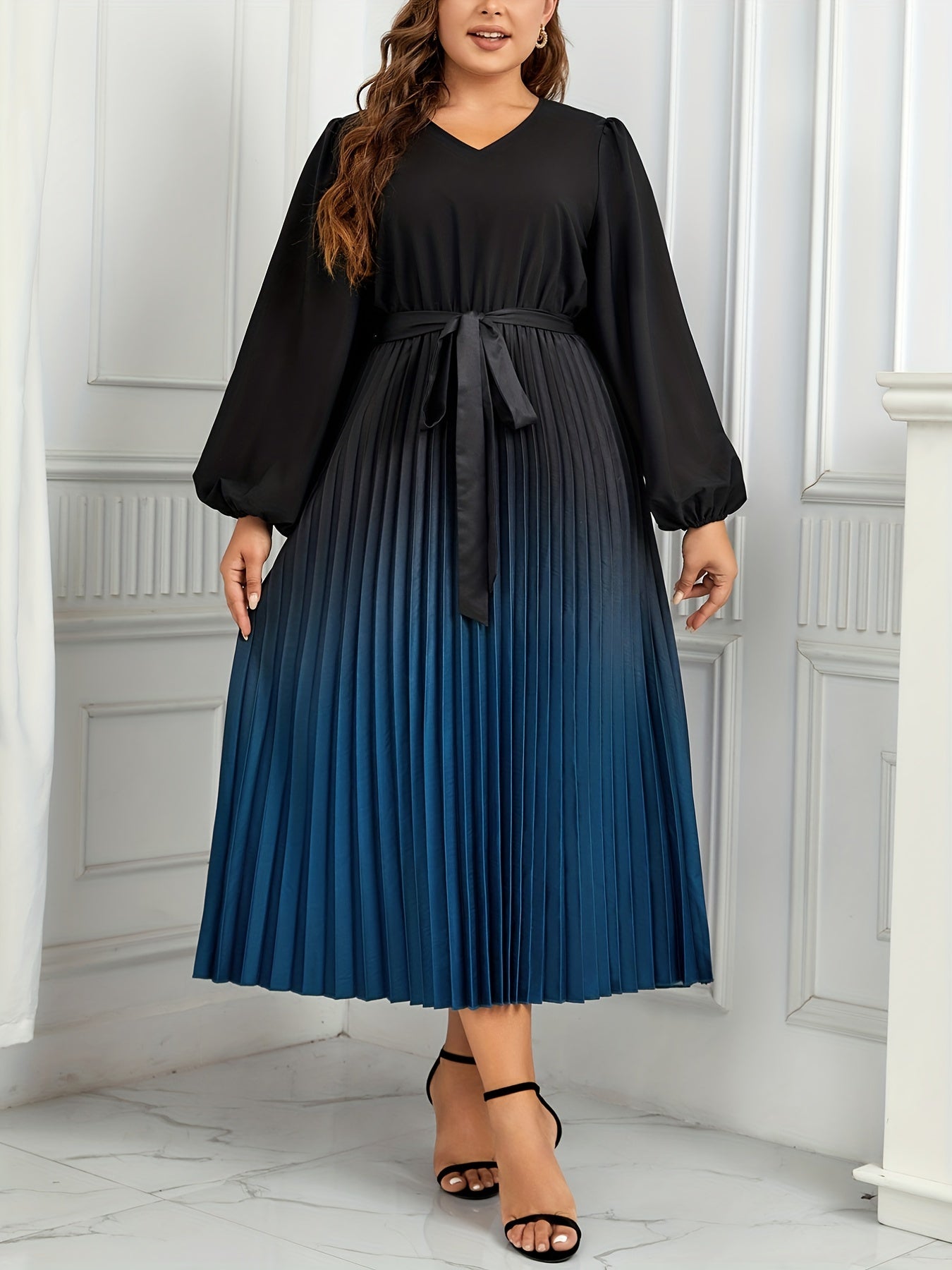  Women's Ombre Lantern Sleeve Maxi Dress