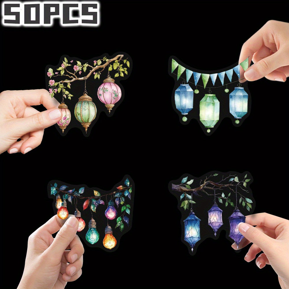 50pcs Lantern Themed Stickers Floral Heart Patterns Decal