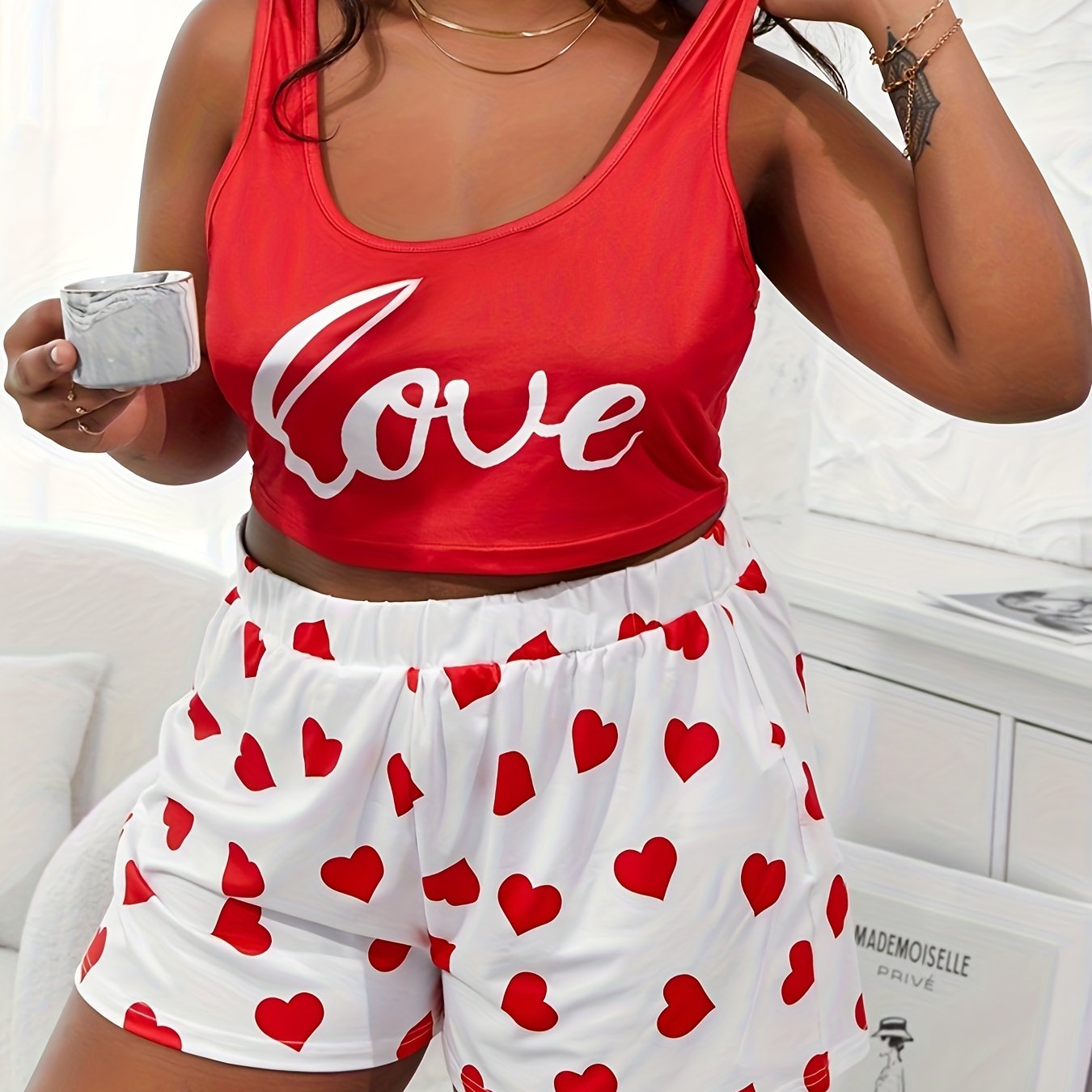  Letter & Heart Print Crop Tank Top & Shorts Pajama