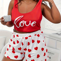  Letter & Heart Print Crop Tank Top & Shorts Pajama