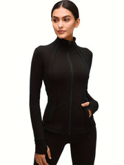 Sporty Long Sleeve Turtle Neck Workout Jacket with Zip Pockets