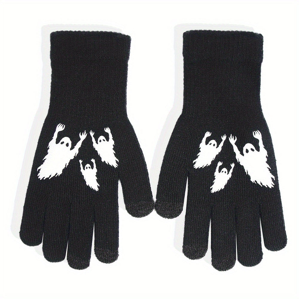 Halloween Ghost Pattern Touch Screen Gloves - Windproof Knitted Gloves