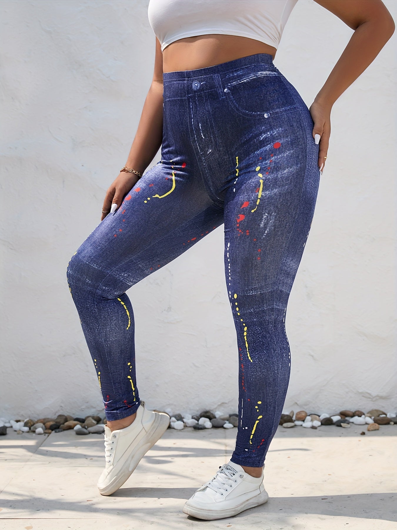  Denim & Painting Print Leggings - Stretchy Skinny Leggings
