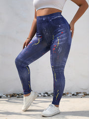  Denim & Painting Print Leggings - Stretchy Skinny Leggings