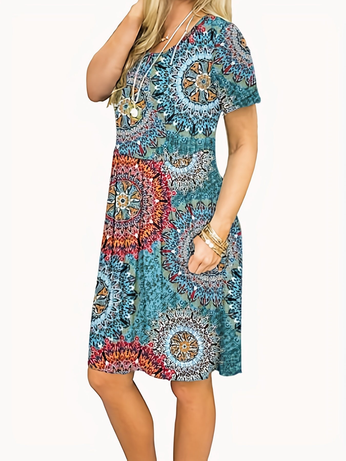  Boho Midi Dress Women's Plus Paisley Print Slight Stretch Midi Dress