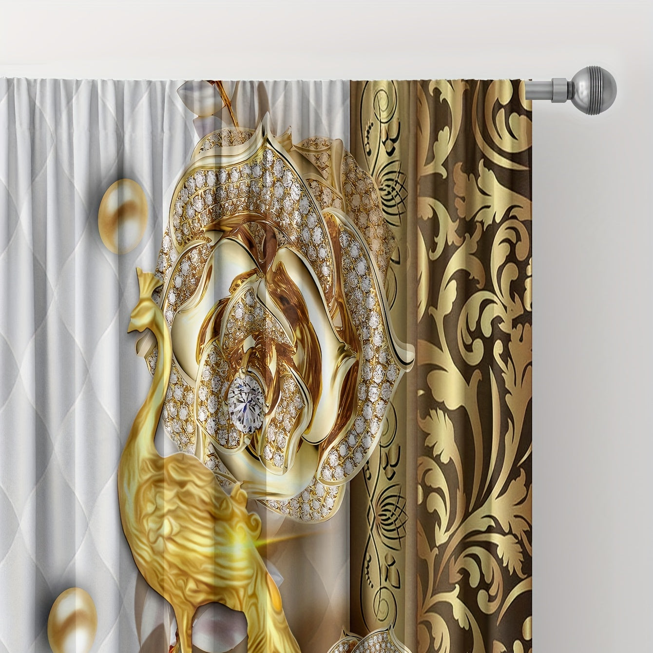 2pcs Golden Peacock Curtain Rod Pocket Top Window Drapes