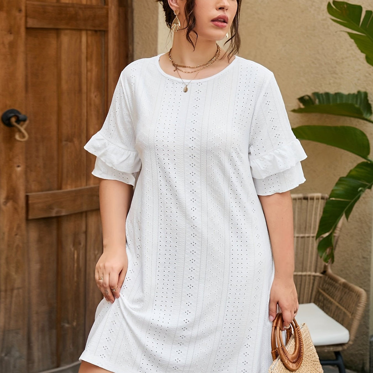  Eyelet Embroidered Round Neck Sleeve Dress