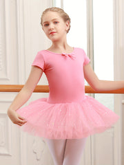 Girls Cotton Splicing Bow Decor Sequin Tutu Ballet Leotard