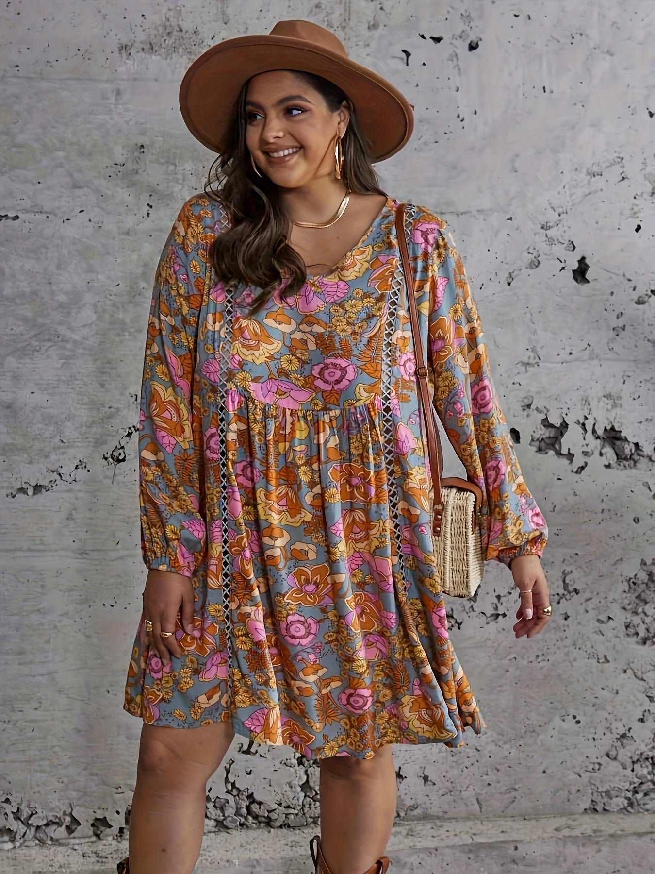 Plus Size Floral Lantern Sleeve Boho Dress