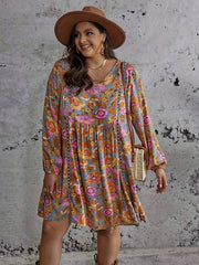 Plus Size Floral Lantern Sleeve Boho Dress