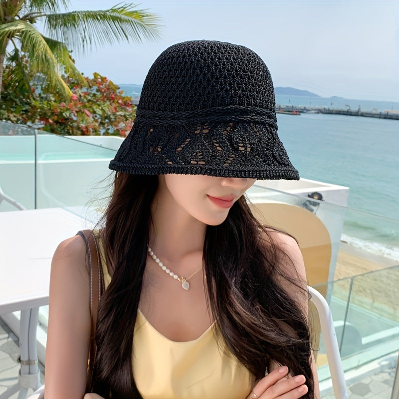 Hollow Knitted Breathable Bucket Hat Solid Sun Hat Women Casual Cloche Hat